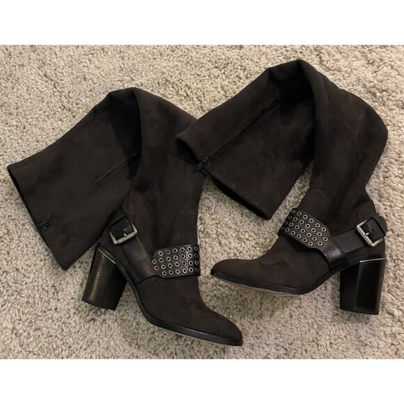 Michael Kors Stretch Suede Nadine Charcoal Tall Heeled Boots Size 6 - Picture 1 of 13